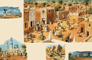 Uidentifiserte scener av Egypt, inkludert det gamle Egypt og pyramider av English School