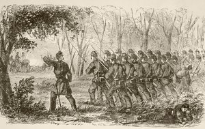 Unionssoldater på platået i det første slaget ved Bull Run (litho) av English School