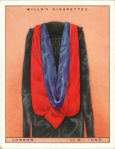Universitetshetter og -frakker: London University, doktorgrad i jus, LLd, Lond (fargelitografi) av English School