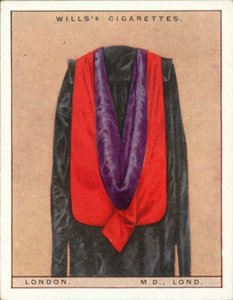 Universitetshetter og -frakker: London University, Doctor of Medicine, MD, Lond (fargelitografi) av English School
