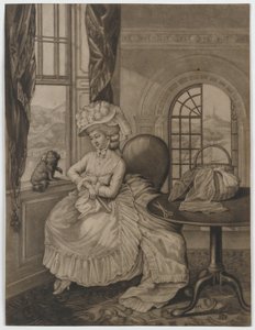 Uten tittel (kvinne som sitter ved et vindu angående en liten hund), ca. 1780 (mezzotint) av English School