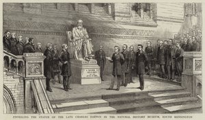 Avduking av statuen av avdøde Charles Darwin i Natural History Museum, South Kensington av English School