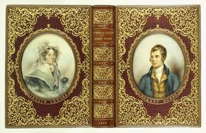Øvre og nedre omslag, og ryggrad, med ovale portretter av Robert Burns og Jessie Lewars av English School