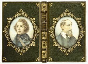 Øvre og nedre omslag, med to ovale portretter av Charles Dickens av English School