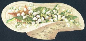Oppovervendt panser fylt med blomster, nyttårskort av English School