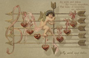 Valentinkort, som involverer Amor, pil og musikalsk partitur av English School