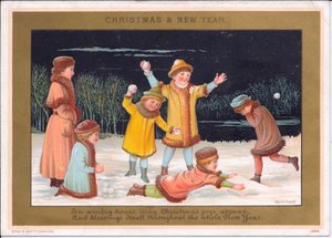 Viktoriansk jule- og nyttårskort med barn som leker i snøen og kaster snøballer, ca. 1880 (farge litho) av English School