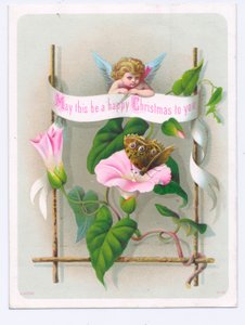 Viktoriansk julekort av en amor som stirrer på en sommerfugl på en rosa blomst, ca. 1880 (fargelitografi) av English School