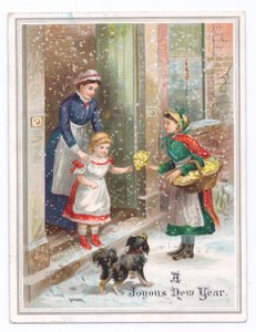 Viktoriansk nyttårskort av en hushjelp som holder på en liten jente mens hun kjøper blomster fra en blomsterselger i den fallende snøen, ca. 1880 (farge litho) av English School