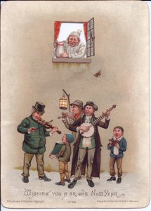 Viktoriansk nyttårskort av en mann i nattkjole som forbereder seg på å helle en kanne med vann på noen gatemusikanter nedenfor, ca. 1880 (farge litho) av English School