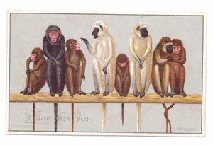 Viktorianische Neujahrskarte mit acht Affen auf einem Sims, ca. 1880 (Farblithographie)