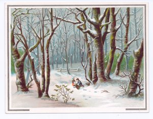 Viktoriansk gratulasjonskort av to barn som samler grener i snøen, ca. 1880 (farge litho) av English School
