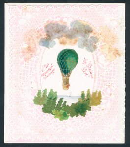 Viktoriansk gratulasjonskort - en viktig melding med ballongpost (chromolitho) av English School