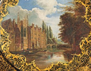 Viktorianischer Teller dekoriert mit einer Szene des St. Johns College, Cambridge, Third Court und seiner Brücke von English School