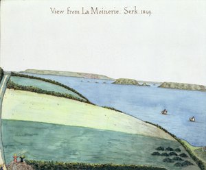 Utsikt fra la Moinerie, Serk, 1849 (wc på papir) av English School
