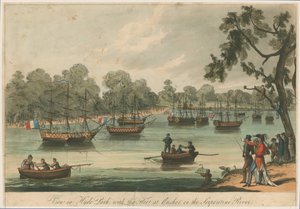 Utsikt i Hyde Park med flåten ved Anchor på Serpentine River. Naumachia. Freden i 1814 av English School
