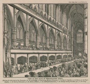 Utsikt i skipet til Westminster Abbey under kroningen av kong William IV og dronning Adelaide av English School