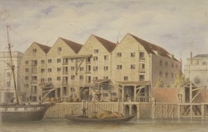 Utsikt over Chamberlains Wharf, Tooley Street, 1846 (wc på papir) av English School