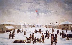 Utsikt over Fort Garry (farge litho) av English School
