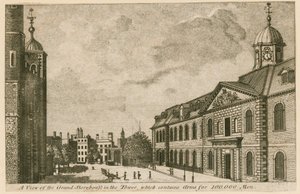 Utsikt over Grand Storehouse i Tower of London som inneholder våpen til 100 000 menn av English School