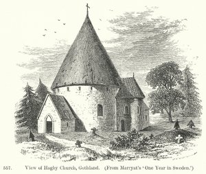 Utsikt over Hagby kirke, Gotland (gravering) av English School