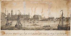 Utsikt over London Bridge slik den så ut etter sammenbruddet av den midlertidige broen, 11. april av English School