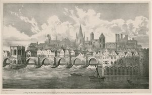 Utsikt over Old London Bridge som under kong Henry VIIs regjeringstid, rundt 1500 av English School