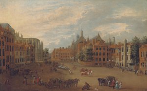 Utsikt over Old Palace Yard, Westminster, med østenden av Westminster Abbey og kapellet til kong Henry VII til venstre, ca. 1700 av English School