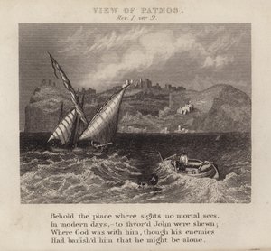 Utsikt over Patmos, Åpenbaring I, ver 9 (gravering) av English School