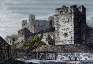 Utsikt over Rochester Castle, Kent. ca. 1830 av English School