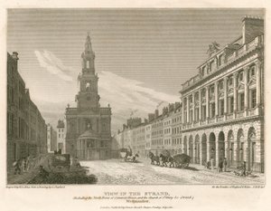 Utsikt over The Strand, inkludert nordfronten av Somerset House og Church of St Mary-Le-Strand, Westminster, London av English School