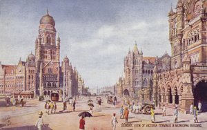 Utsikt over Victoria Terminus og rådhus, Bombay (fargelitografi) av English School