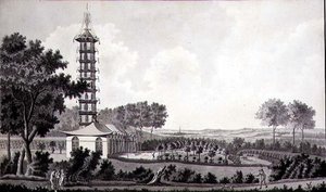 Utsikt over en nederlandsk hage med en kinesisk pagode, ca. 1770 (penn og blekk med akvarell på papir) av English School