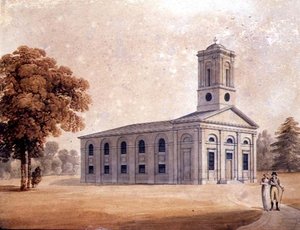Utsikt over en nyklassisk kirke i en park, ca. 1790 (akvarell på papir) av English School