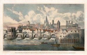 Utsikt over østsiden av Old London Bridge fra BM Royal MSS av English School