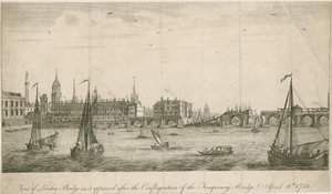 Utsikt over den gamle London Bridge slik den så ut etter brannen i 1758 av English School