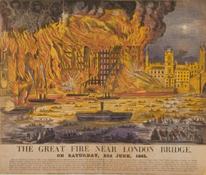 View of the Cottons Wharf Fire, 1861 (fargetresnitt) av English School