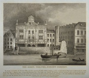 Utsikt over Dukes Theatre, Dorset Gardens, fra Themsen, 1814 av English School