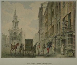 Utsikt over Eagle Tavern i Strand, Westminster, med en mann som losser produkter fra en hestevogn i veien og St Mary le Strand i det fjerne, ca. 1800 (akvarell på papir) av English School