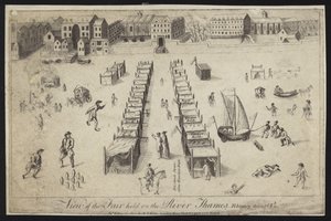 Utsikt over messen holdt ved Themsen, 1683-1684 av English School