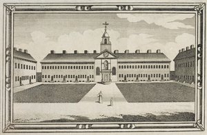 Utsikt over Ironmongers Company Almshouses, Kingsland Road, Hackney, ca. 1820 av English School