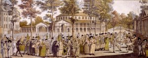 Utsikt over Jubilee Ball, Ranelagh Gardens, i feiringen av fødselsdagen til George, Prince of Wales, 24. mai 1759 (håndfarget gravering) av English School