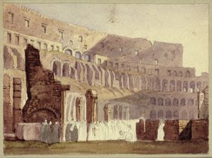 Utsikt over det romerske Colosseum, ca. 1800 (wc og blyant på papir) av English School