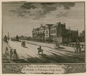 Utsikt over Royal Circus nær Obelisken i St Georges Fields, Surry av English School