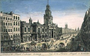 Utsikt over Royal Exchange, London, gravert av Pierre Moithey av English School