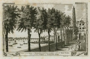 Utsikt over trappene til York Buildings, London med vannverket, og det fjerne utsikten til Westminster Bridge av English School