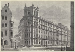 Utsikt over Westminster Chambers, ser vestover (gravering) av English School
