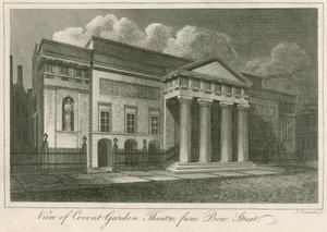 Utsikt over utsiden av Covent Garden Theatre, London, fra Bow Street av English School