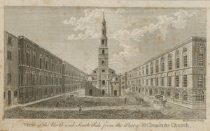 Utsikt over nord- og sørsiden fra vest for St Clements Church av English School