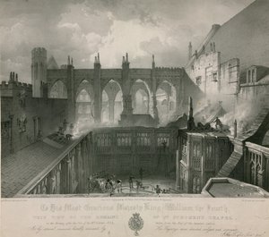 Utsikt over restene av St Stephens Chapel morgenen etter brannen av English School